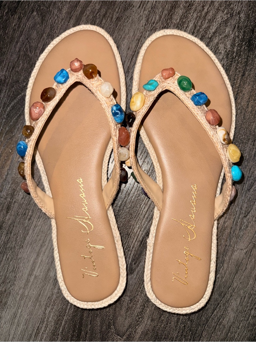 Vintage Havana Multicolor Beaded Tan Leather Flip Flop Nib 7.5 (could fit an 8)
